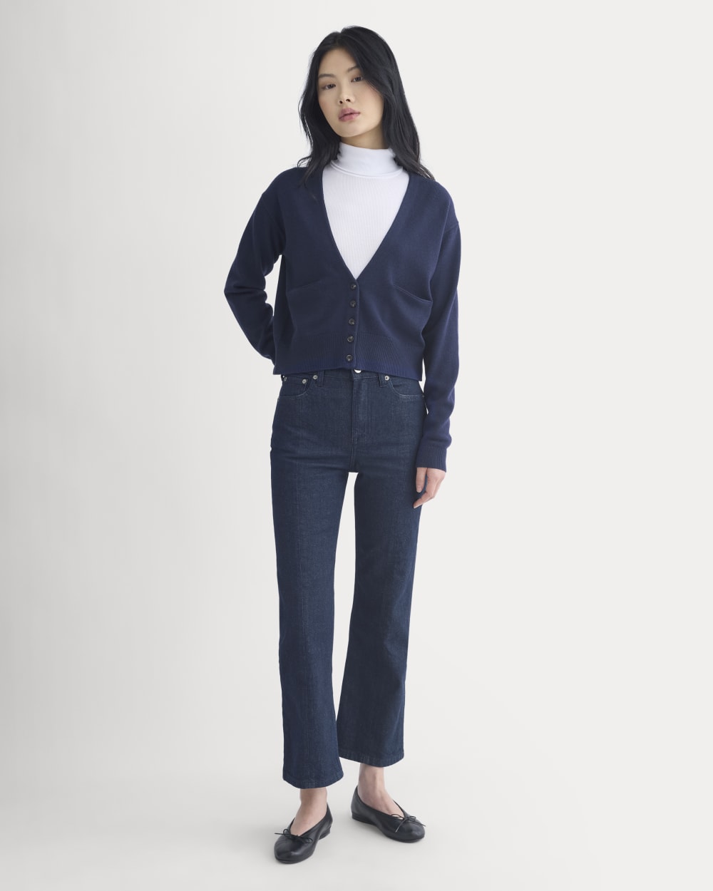 Deep V-Neck Cardigan in Cotton Merino | Navy - Image 3