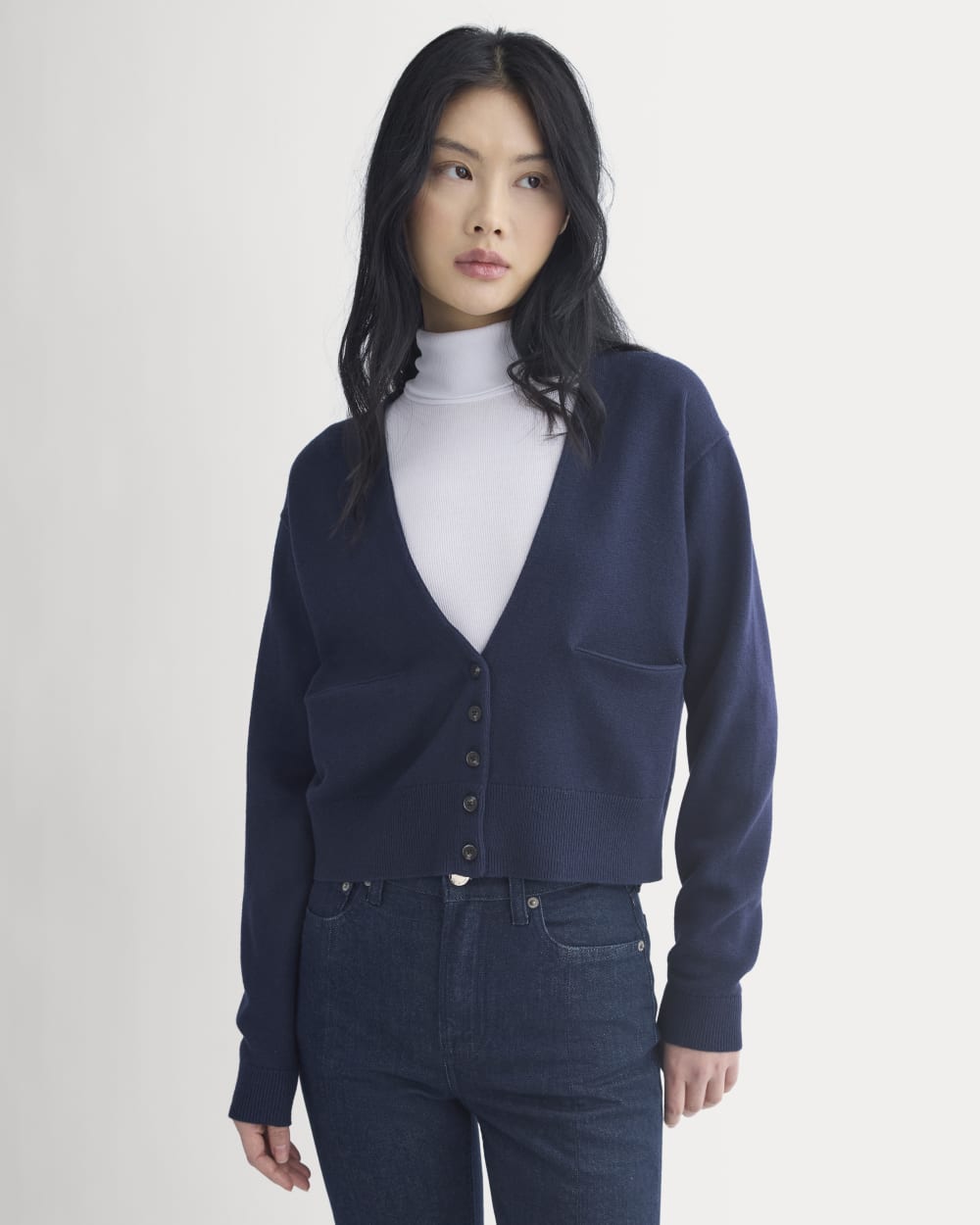 Deep V-Neck Cardigan in Cotton Merino | Navy