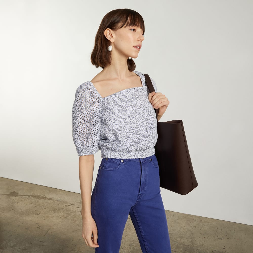 The Eyelet Puff Sleeve Top | Deep Blue / White - Image 8