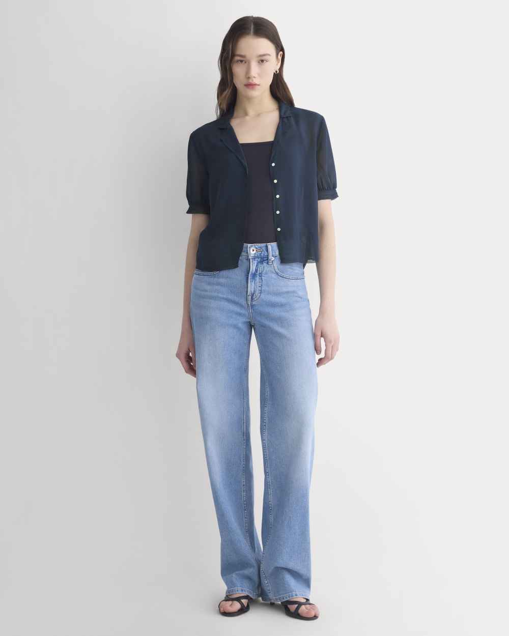 Notch Collar Shirt in Silk Georgette | Navy - Image 3