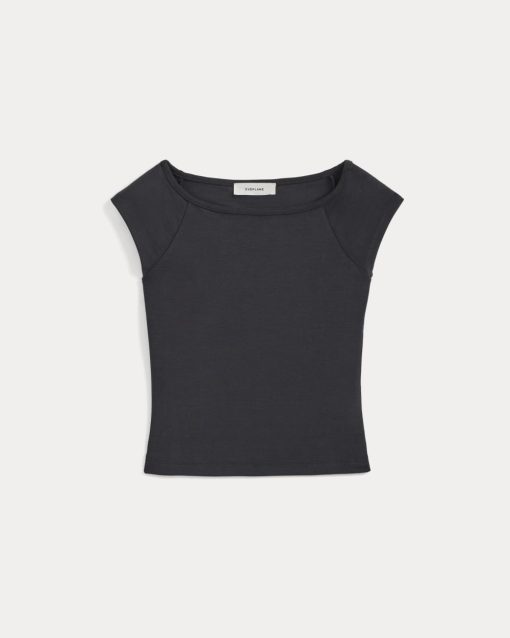 Alternative view of Boatneck Cap-Sleeve Top in Butterknit | Black