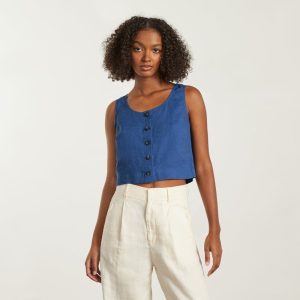 Alternative view of The Linen Button-Front Crop Tank | Deep Blue