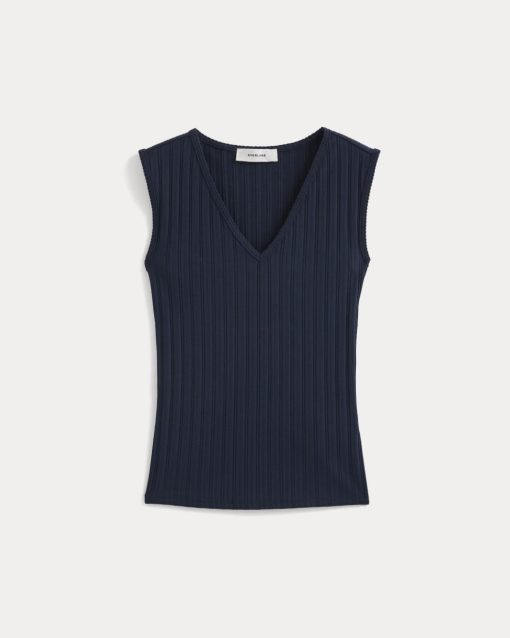 Alternative view of V-Neck Tank in Pointelle | Deep Navy