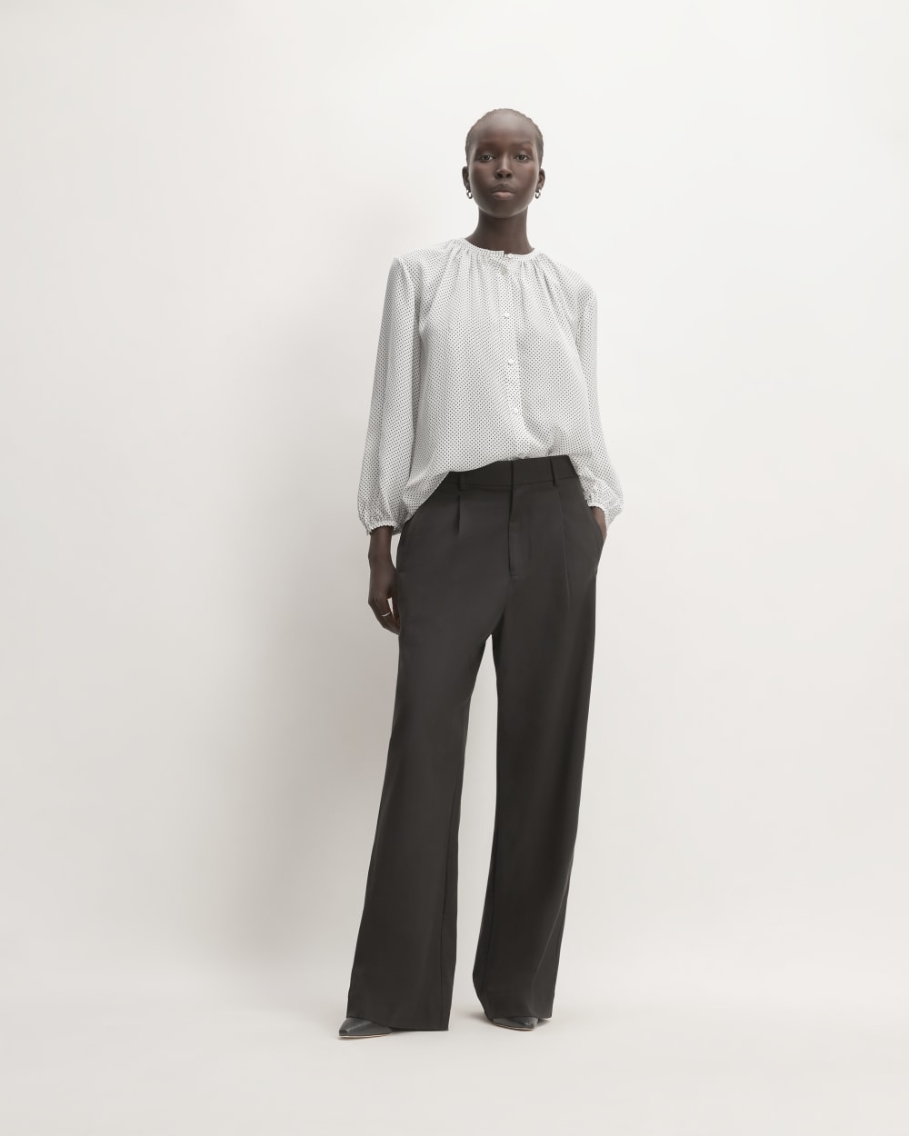 The Washable Clean Silk Shirred Blouse | Bone / Black Polka Dot - Image 3