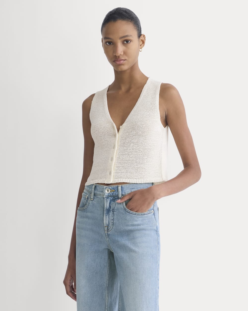 Button-Front Tank in Tape Yarn | Bone