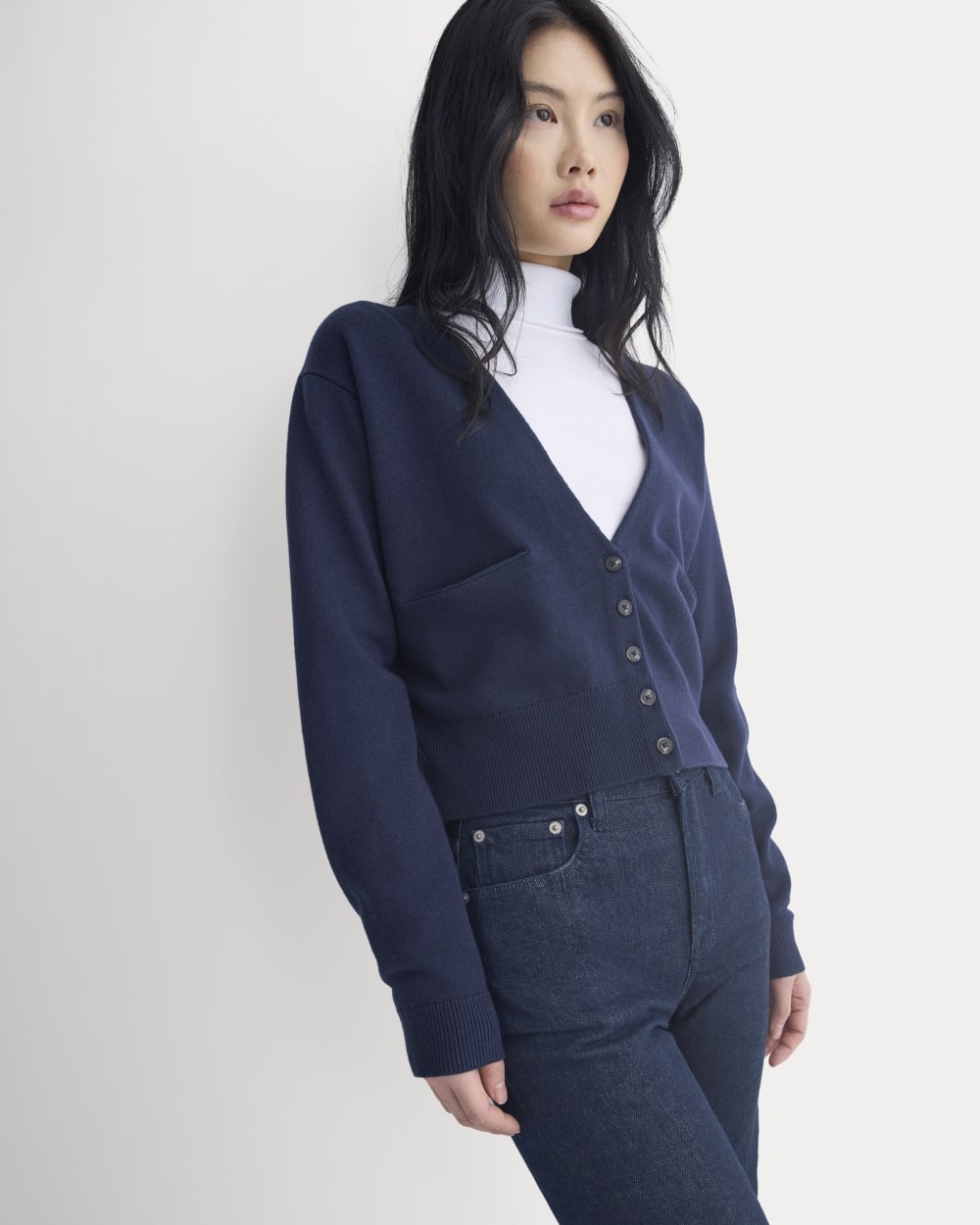 Deep V-Neck Cardigan in Cotton Merino | Navy - Image 4