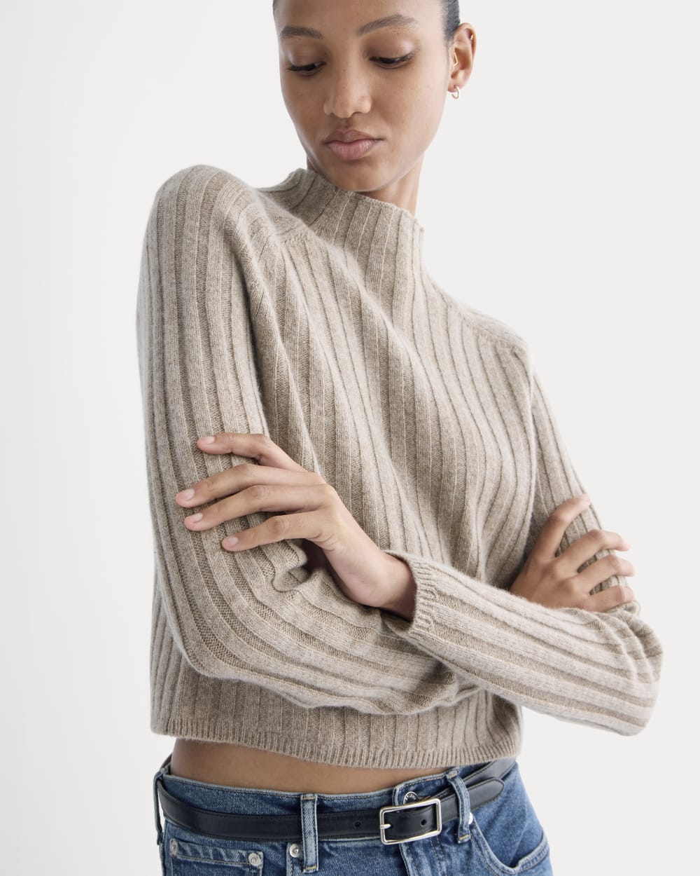 Funnel-Neck Cropped Sweater in Wool Cashmere | Oatmeal - Image 3